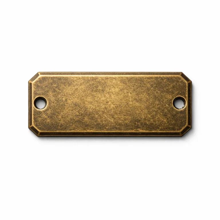 A garment tag crafted from antique brass with chamfered edges and an etched surface. This size mark tag features two precisely placed small holes at each end, offering a classic, vintage-inspired aesthetic for apparel labeling.