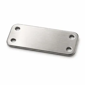 A size mark garment tag crafted from brushed stainless steel, featuring a sleek rectangular shape with rounded corners. The tag is finished with double sewing holes at each end and showcases precision laser engraving, suitable for garment branding or labeling.