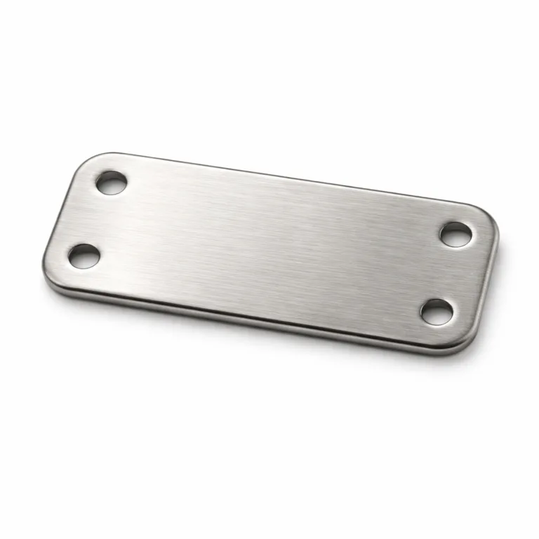 A size mark garment tag crafted from brushed stainless steel, featuring a sleek rectangular shape with rounded corners. The tag is finished with double sewing holes at each end and showcases precision laser engraving, suitable for garment branding or labeling.