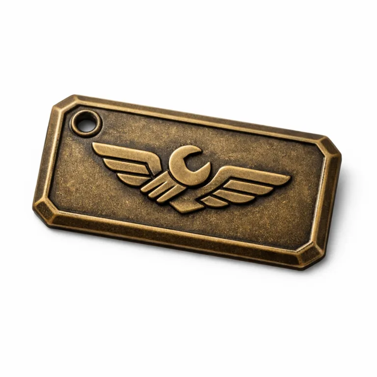 A richly textured antique brass snap-on garment tag, showcasing a raised, blank emblem design, chamfered edges, and a single rivet hole for classic attachment to garments.