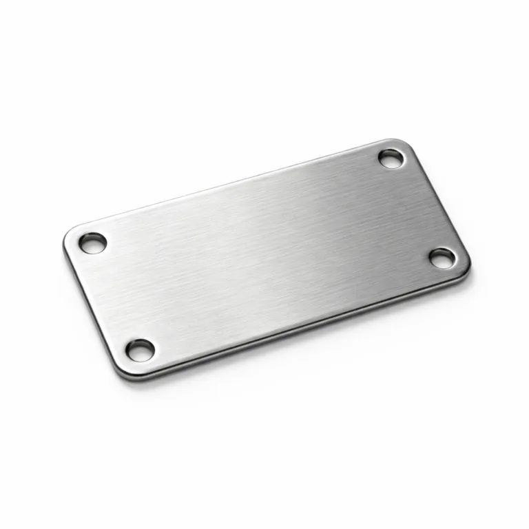 A close-up product photo of a brushed stainless steel snap-on garment tag, showcasing smooth rounded corners and two precisely cut sewing holes for secure attachment. Ideal for garment branding.