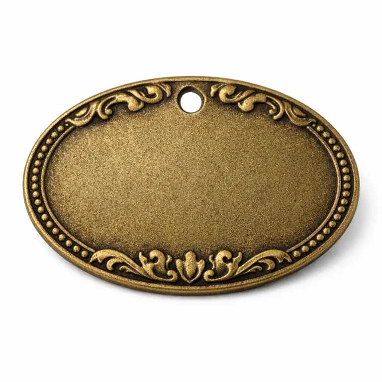 A classic wine tag in antique brass, showcasing an embossed border detail and a sandblasted matte surface texture. Single hanging hole provides straightforward application, ideal for vintage wine labeling or rustic décor themes.