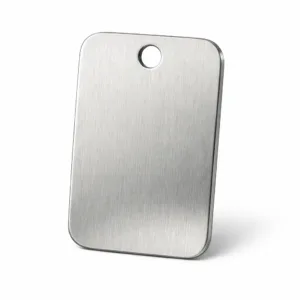 A premium wine tag made from brushed stainless steel with gently rounded corners and a single hole designed for easy attachment to wine bottles. The surface features subtle linear brushing for a sophisticated, modern look, perfect for sommelier selections.