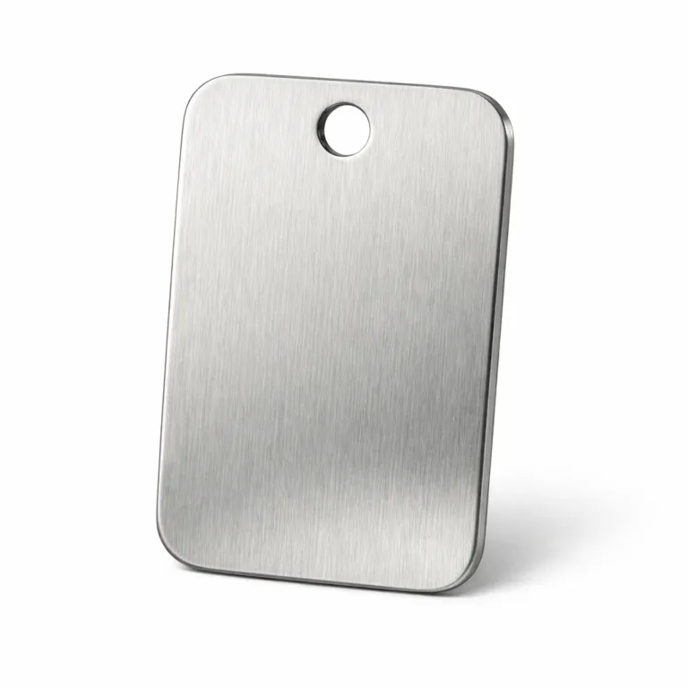 A premium wine tag made from brushed stainless steel with gently rounded corners and a single hole designed for easy attachment to wine bottles. The surface features subtle linear brushing for a sophisticated, modern look, perfect for sommelier selections.