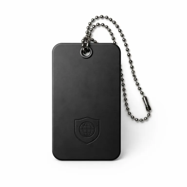 Realistic image of a stamped frame luggage tag constructed from matte black anodized aluminum, showcasing rounded corners, a subtle debossed emblem, and a ball chain for easy luggage attachment.
