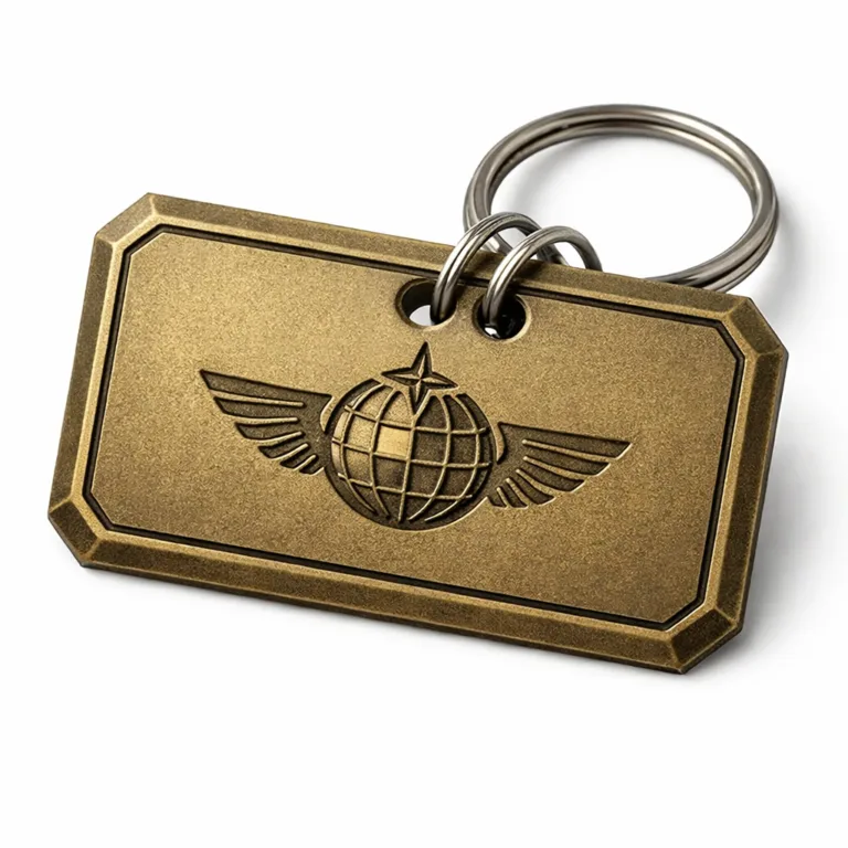 A commercial photo of an antique brass stamped frame luggage tag, featuring a sandblasted matte texture, chamfered edges, etched blank emblem, and double holes designed for split ring attachment.