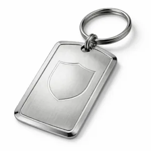 A highly detailed photo of a stamped frame luggage tag crafted from brushed stainless steel, featuring polished beveled edges and an embossed blank emblem, complete with a split ring for secure luggage attachment.