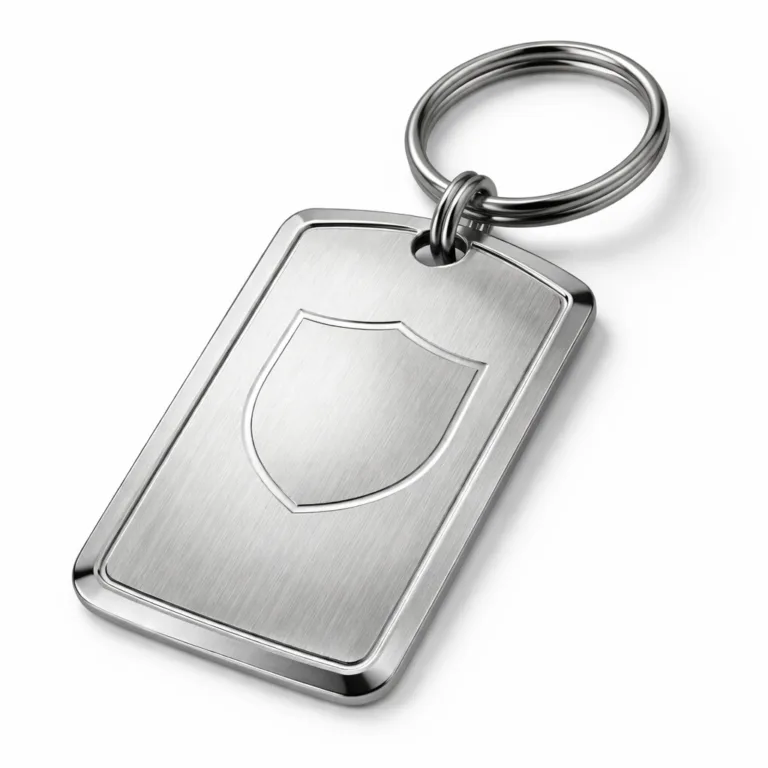 A highly detailed photo of a stamped frame luggage tag crafted from brushed stainless steel, featuring polished beveled edges and an embossed blank emblem, complete with a split ring for secure luggage attachment.