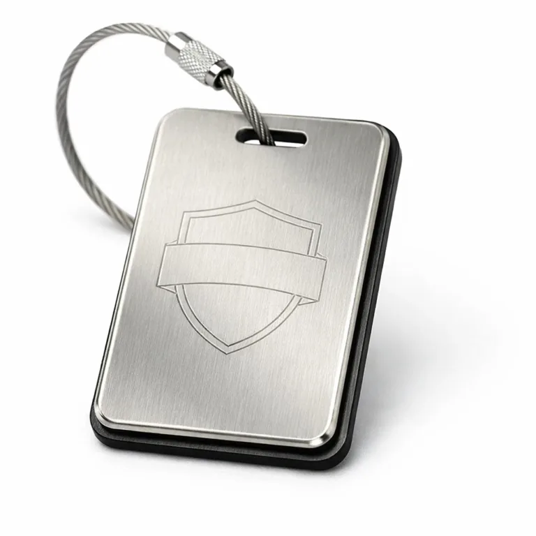 A two-layer bag tag featuring brushed stainless steel with rounded corners and beveled edge, highlighted by a subtle laser engraved blank emblem outline for customization. Studio-lit on a white background for sharp product focus.
