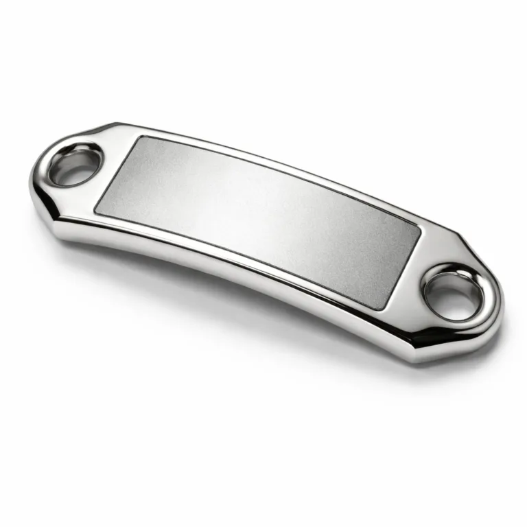 A bold, thick profile two-tone bracelet tag combining shiny nickel zinc alloy and matte silver finish. The design features a mirror polished surface, chamfered edge, and an etched blank emblem, ideal for upscale jewelry e-commerce.