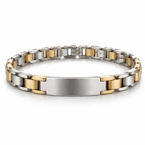 A two-tone bracelet tag featuring brushed stainless steel and polished brass, accented with subtle rounded corners and a laser engraved blank emblem at the center. Displays a clean, modern finish in a studio photo.
