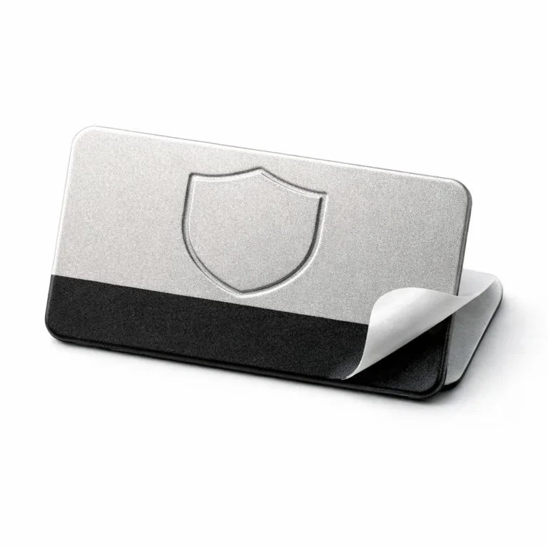 E-commerce studio image of a two-tone garment tag featuring anodized aluminum with matte nickel plating, sandblasted surface, debossed blank emblem, and an adhesive back for easy garment application.