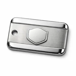 Realistic studio image of a brushed stainless steel and polished zinc alloy garment tag. The tag features rounded corners, a raised blank emblem, and a single sewing hole, ideal for premium clothing branding.
