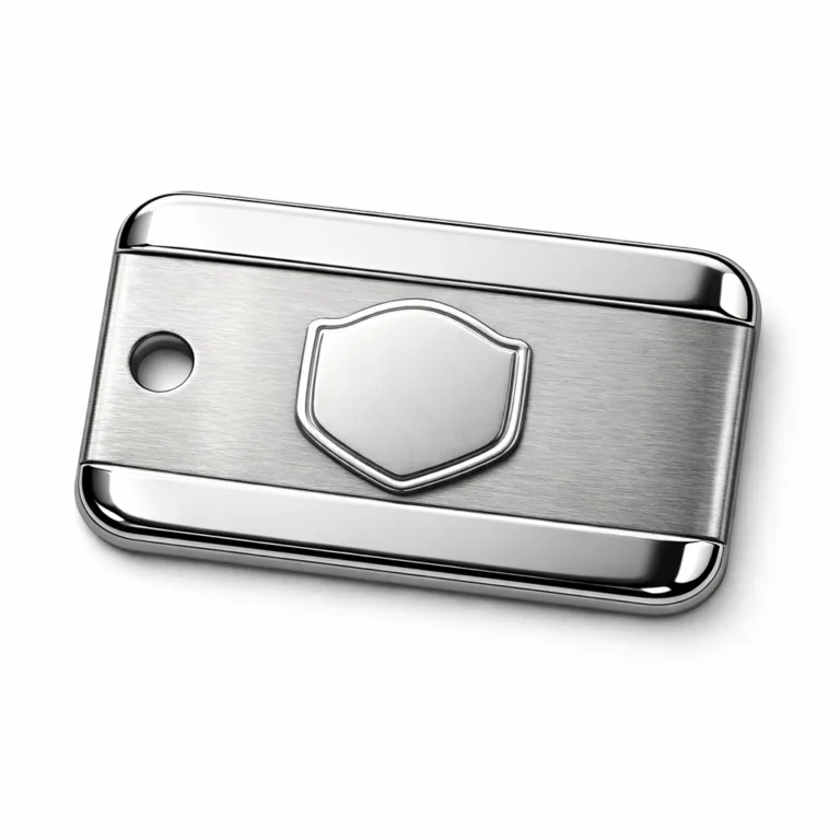 Realistic studio image of a brushed stainless steel and polished zinc alloy garment tag. The tag features rounded corners, a raised blank emblem, and a single sewing hole, ideal for premium clothing branding.