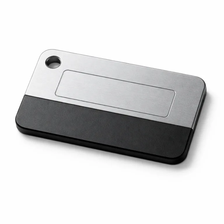 A sophisticated matte anodized aluminum logo tag with softly rounded corners and a blank area created with laser engraving. Designed with a single mounting hole for easy use.