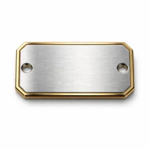 A two-tone logo tag made of brushed stainless steel look material, featuring a sleek beveled edge, subtle embossed blank emblem, and practical double holes suitable for various attachments.
