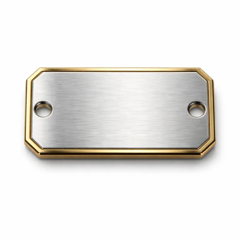 A two-tone logo tag made of brushed stainless steel look material, featuring a sleek beveled edge, subtle embossed blank emblem, and practical double holes suitable for various attachments.