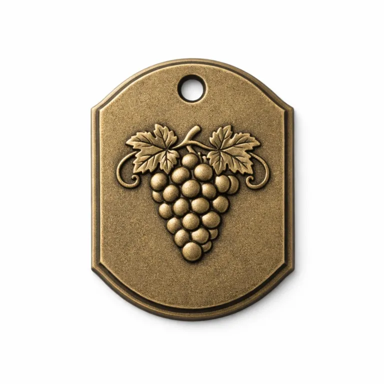 A Vineyard Series Wine Tag manufactured from antique brass, featuring a sandblasted matte finish, embossed blank emblem design, chamfered edges, and a single center hole for hanging. Captured under commercial lighting for e-commerce.