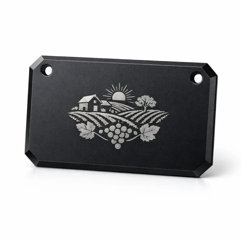 A matte black anodized aluminum Vineyard Series Wine Tag, featuring a beveled edge, etched blank emblem, and double holes for optional chain attachment. Detailed photographic presentation on a white background.