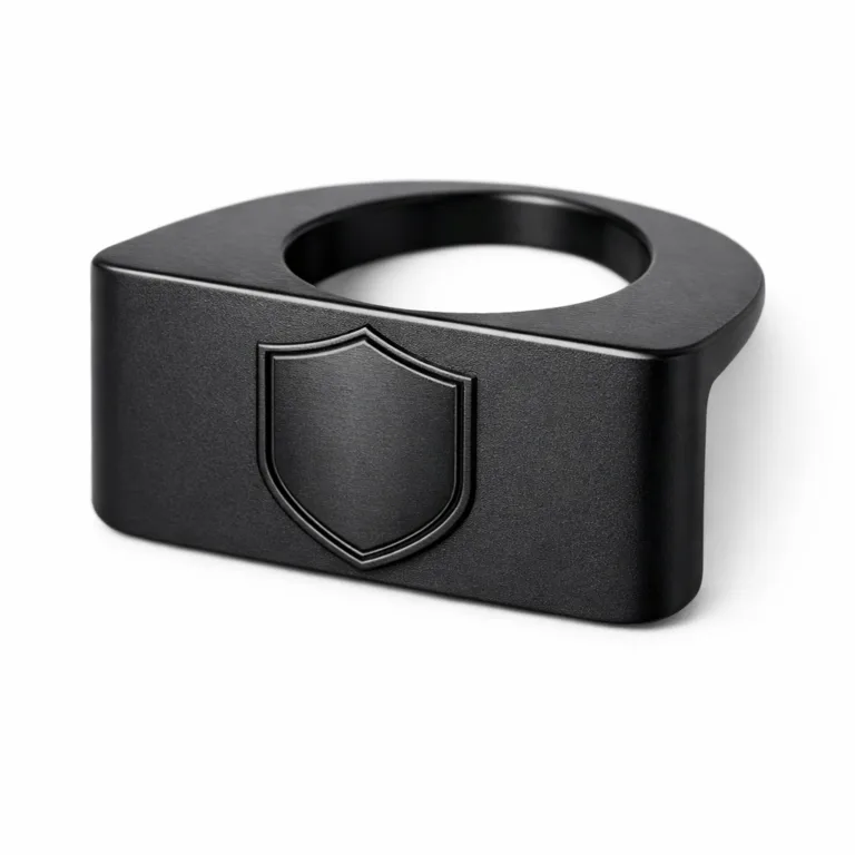 A modern wine bottle collar tag made from matte black anodized aluminum, featuring smooth rounded corners and a raised blank emblem at the center for a contemporary look.