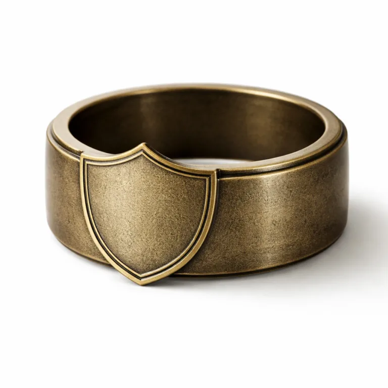 A vintage-inspired wine bottle collar tag in antique brass, featuring a matte sandblasted surface and a thicker profile. The center displays a debossed blank shield emblem for added character.