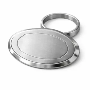 A premium wine bottle collar tag crafted from brushed stainless steel, featuring a classic oval shape and a subtle blank emblem created by laser engraving. The tag has a sleek beveled edge for added sophistication.