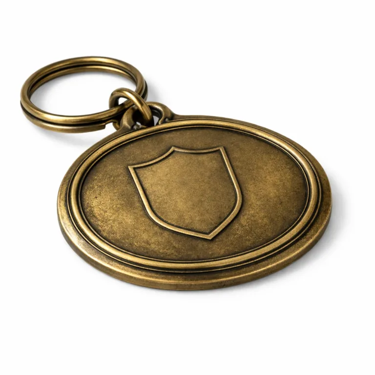 Classic wine gift message tag in antique brass. Features an oval form with split ring, debossed blank emblem for branding, and a refined beveled edge accent.