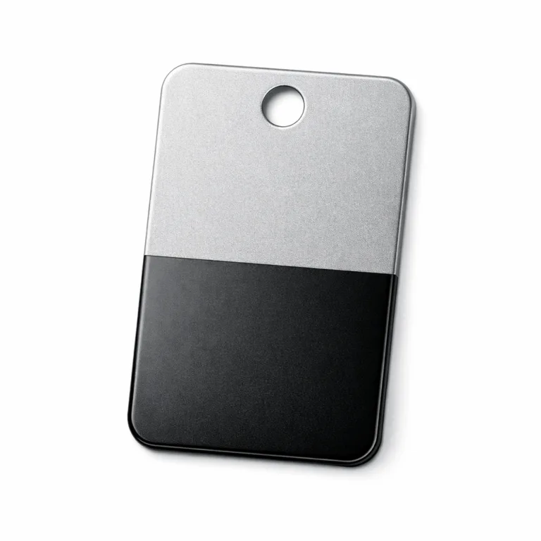 A modern aluminum wine tag featuring a sandblasted matte silver main surface with a contrasting black nickel finish along the edge. Rounded corners and a smooth, sandblasted texture create a contemporary look. Single round hole at the top designed for hanging.