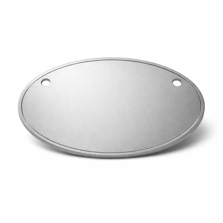 A high-detail image of a wine tag manufactured from anodized aluminum with a smooth matte finish, beveled edge design, an etched blank emblem, and two holes for chain mounting, ideal for labeling wine bottles.