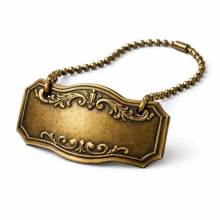 A vintage-inspired wine tag in antique brass plating, featuring raised embossed decoration and distinctive chamfered edges. Includes a matching ball chain for classic wine presentation.