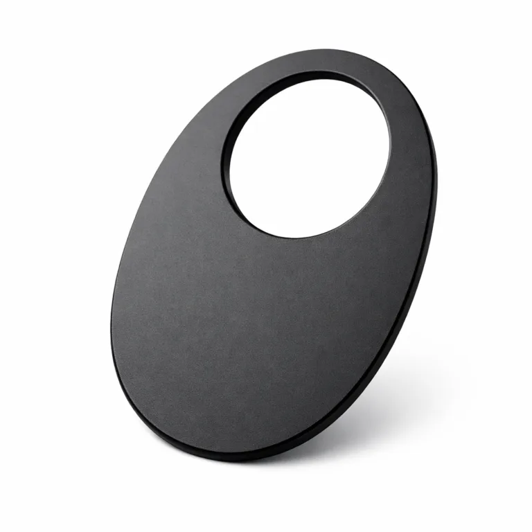 A stylish wine bottle neck tag in anodized aluminum with a matte black finish, designed with softly rounded corners for a contemporary look. Lightweight and durable.