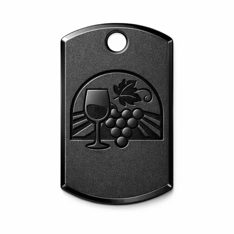 A high-realism matte black nickel plated wine tag fabricated from zinc alloy, featuring a sandblasted matte surface, chamfered edge, and debossed blank emblem for a stylish and modern club tag display.