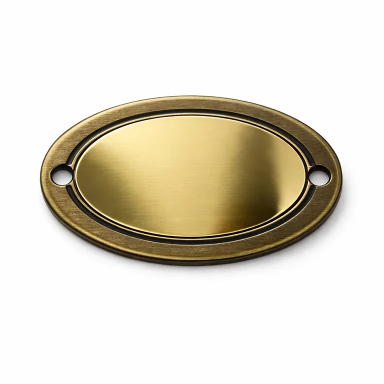 A sophisticated two-tone wine tag in antique brass, featuring a brushed central area and mirror-polished outer edge. A debossed border accentuates its classic oval form. Designed with double small holes at each end for secure split ring attachment.