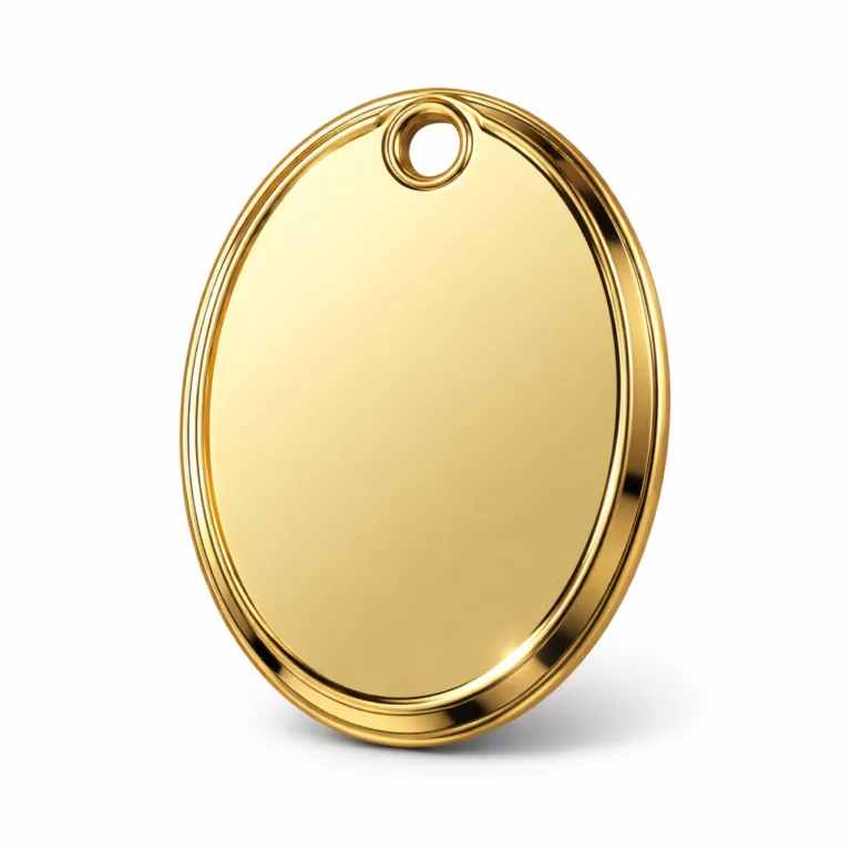 A high-realism product photo of a wine tag made from brass with a mirror-polished gold-plated finish, featuring a beveled edge and a blank emblem engraving. Single hole visible for chain attachment, ideal for wine bottle identification.