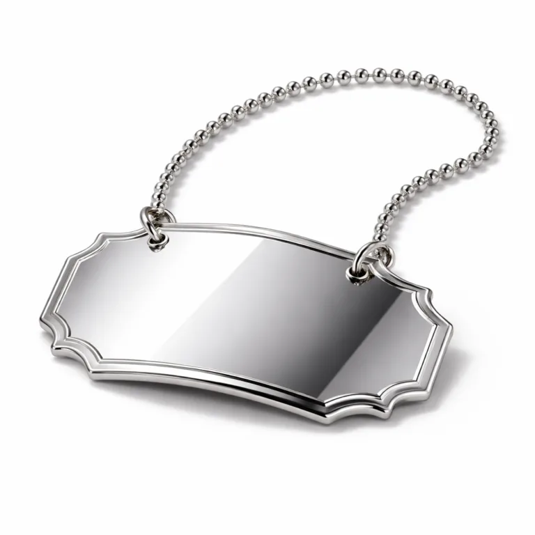 This silver-plated wine tag features a mirror-polished finish and beveled edge for a sleek, upscale look. Designed with a ball chain attachment, it's perfect for adding a refined touch to wine bottles.