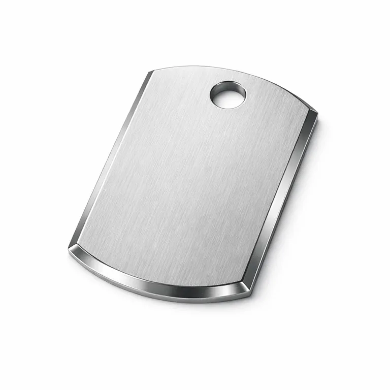 Realistic image of a brushed stainless steel wine tag, featuring a beveled edge and a single hole for hanging. The tag displays a blank emblem area suitable for a winery logo. Perfect for elegant wine labeling in upscale settings.