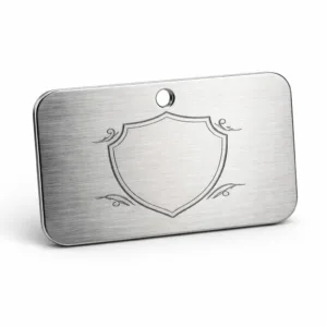 A realistic photo of a wine tag plate crafted in brushed stainless steel featuring rounded corners, a subtle laser-engraved blank emblem, and a single hole for hanging. Perfect for elegant bottle identification.