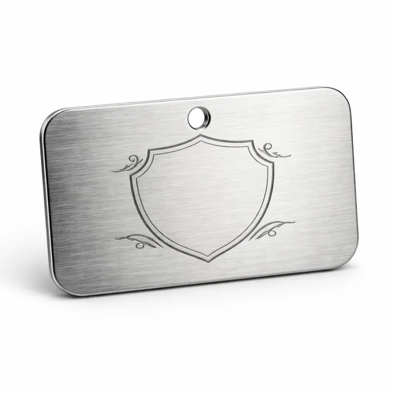 A realistic photo of a wine tag plate crafted in brushed stainless steel featuring rounded corners, a subtle laser-engraved blank emblem, and a single hole for hanging. Perfect for elegant bottle identification.
