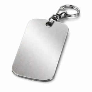 A realistic brushed stainless steel wine tag featuring rounded corners, a laser engraved blank emblem, and smooth surface finish. Made for wine clubs and bottle display, expertly crafted for high durability.