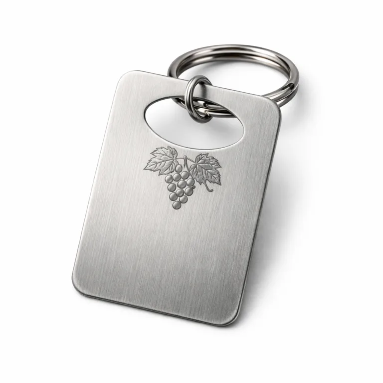 Offering a modern brushed stainless steel appearance, this wine tag incorporates etched surface detailing and rounded corners. Finished with a split ring for easy attachment.