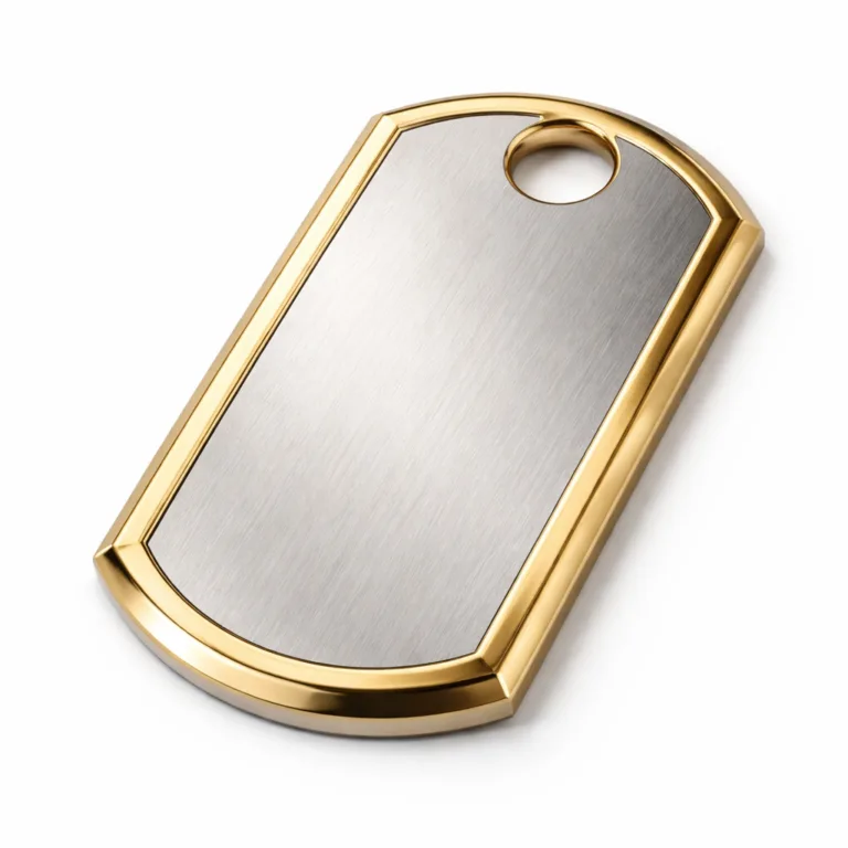 A premium two-tone wine tag featuring a brushed stainless steel base with a polished gold accent. The tag has beveled edges and a single oval hole at the top for easy chain attachment. Designed for elegance and durability, perfect for bottle display.