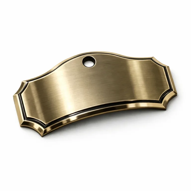 A wine tag crafted from brushed stainless steel with a mirror polished finish and beveled edge detail, featuring a single hole designed for hanging with a chain.