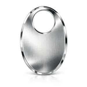 A wine bottle neck tag crafted in brushed stainless steel, featuring a mirror polished finish and elegantly beveled edges for a modern, refined appearance. Perfect for upscale wine bottle presentation.