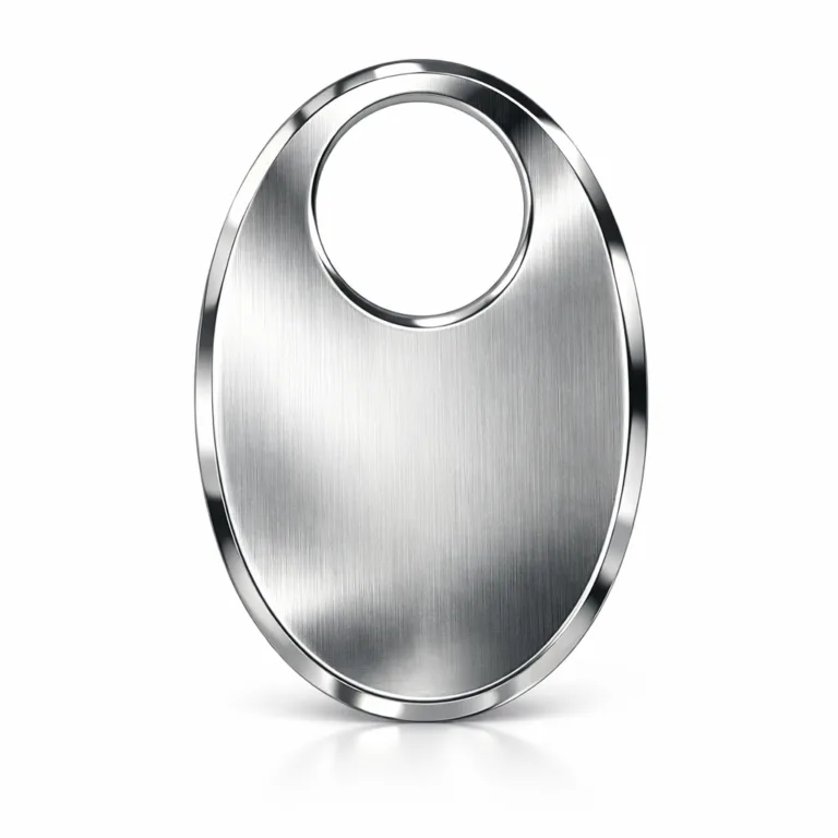 A wine bottle neck tag crafted in brushed stainless steel, featuring a mirror polished finish and elegantly beveled edges for a modern, refined appearance. Perfect for upscale wine bottle presentation.