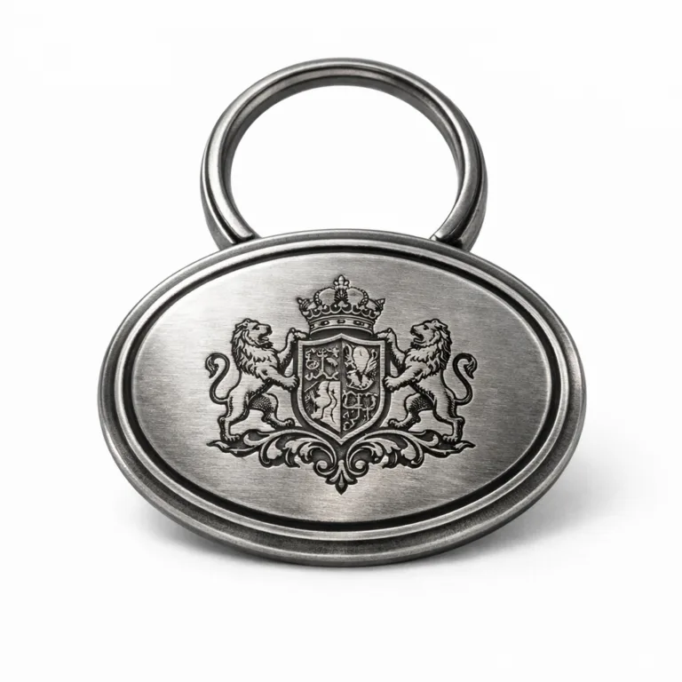 A classic wine tag manufactured from zinc alloy with an antique silver finish, featuring a precise chamfered edge and a laser-engraved blank emblem. Offers a touch of old-world elegance for wine bottles.