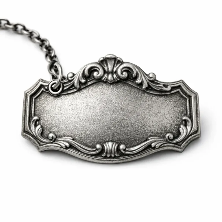 A wine tag made of zinc alloy with an antique silver finish, embossed surface texture, chamfered edge detailing, and a single hole for chain attachment.