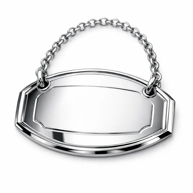 High-resolution image of an anodized aluminum wine tag with a mirror polished finish, chamfered edge for a premium look, and an embossed emblem area suitable for custom branding.