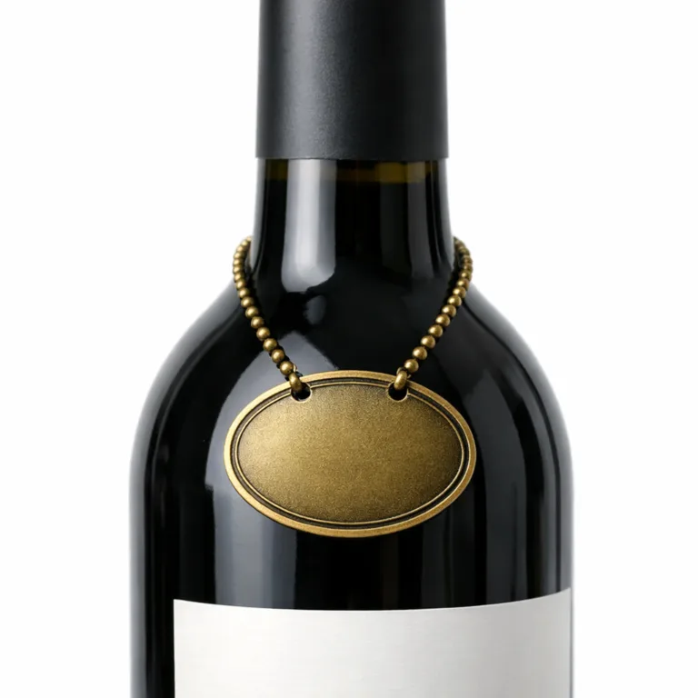 An oval zinc alloy wine neck tag featuring an antique brass sandblasted matte finish, with a raised embossed edge bordering a simple blank center, attached with a classic ball chain for a refined look.