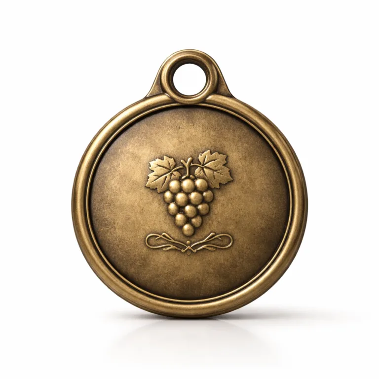 This antique brass wine tag showcases a classic circular form with a raised rim and a single hole for split ring attachment. The center features a gently debossed emblem for a vintage appearance.