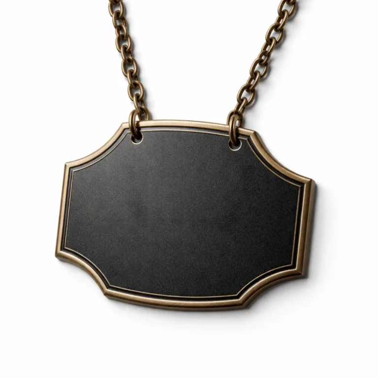 A single antique brass wine tag with a sandblasted matte texture, chamfered edges, and a blank emblem etched into the front. Ideal for high-end wine presentation. Photographed on a white background.